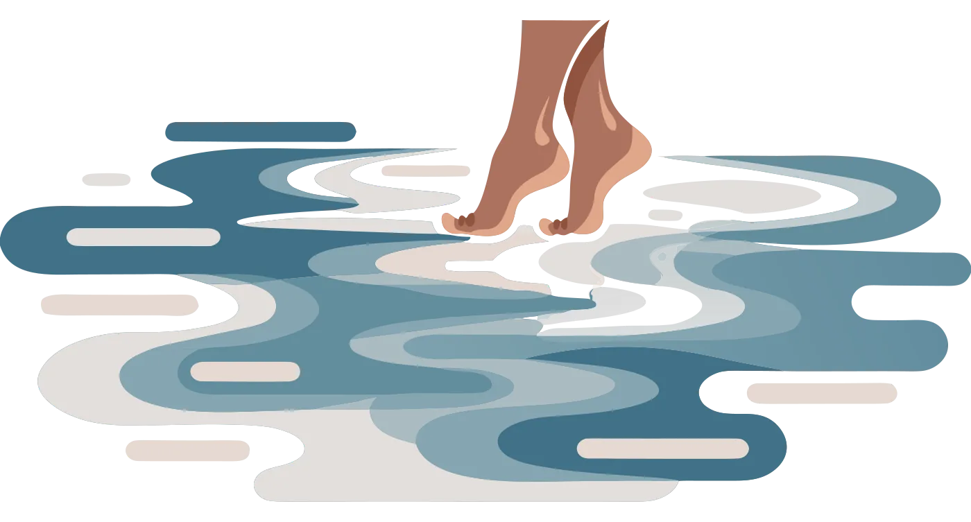 Illustration of bare feet walking on wet sand at the shoreline